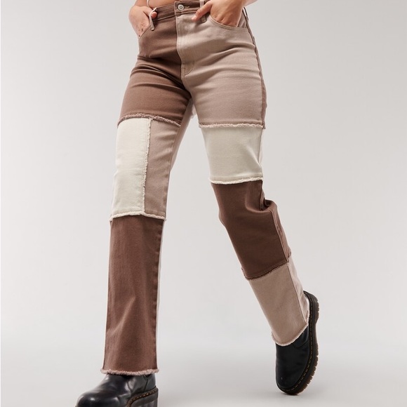 Hollister Ultra High Rise Dad Jeans Brown Patchwork - Picture 1 of 7